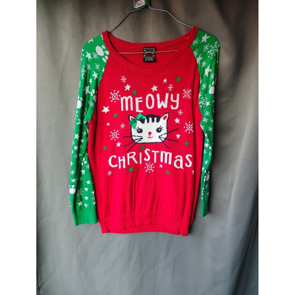 Well Worn Meowy Christmas Cat Ugly Holiday Sweater Red Green XL 14-16